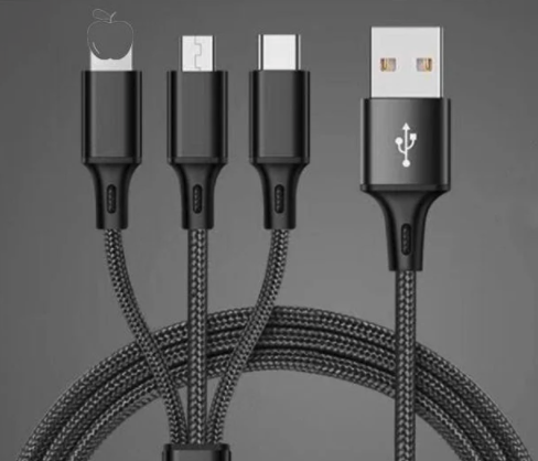 3-in-1 Black Nylon Braided Charging Cable